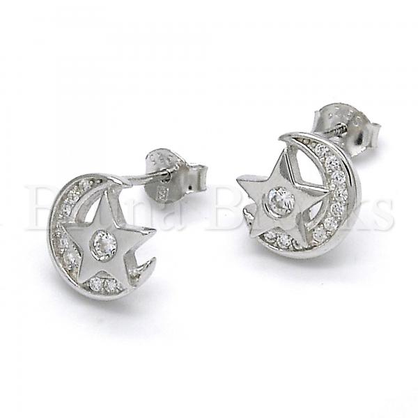 Sterling Silver 02.285.0071 Stud Earring, Star and Moon Design, with White Cubic Zirconia, Polished Finish,