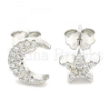 Sterling Silver Stud Earring, Moon and Star Design, with Crystal, Rhodium Tone