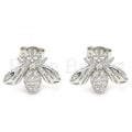 Sterling Silver Stud Earring, Bee Design, with Cubic Zirconia, Rhodium Tone