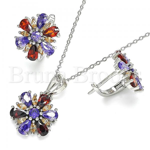 Sterling Silver 10.286.0035 Earring and Pendant Adult Set, Flower Design, with Multicolor Cubic Zirconia, Polished Finish, Rhodium Tone