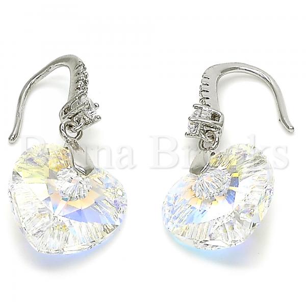 Rhodium Plated 02.26.0256 Dangle Earring, Heart Design, with Aurore Boreale Swarovski Crystals and White Cubic Zirconia, Polished Finish, Rhodium Tone