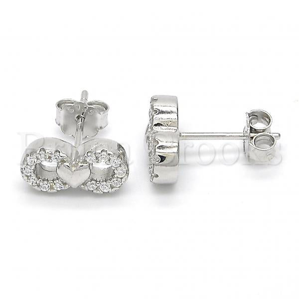 Sterling Silver Stud Earring, Infinite and Heart Design, with Crystal, Rhodium Tone