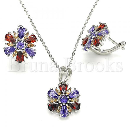 Bruna Brooks Sterling Silver 10.286.0035 Earring and Pendant Adult Set, Flower Design, with Multicolor Cubic Zirconia, Polished Finish, Rhodium Tone