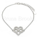 Bruna Brooks Sterling Silver 03.336.0004.07 Fancy Bracelet, Heart and Infinite Design, with White Crystal, Polished Finish, Rhodium Tone