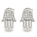 Sterling Silver Stud Earring, Hand of God Design, with Cubic Zirconia, Rhodium Tone