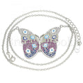 Sterling Silver 04.336.0215.16 Fancy Necklace, Butterfly and Greek Eye Design, with White Micro Pave, Multicolor Enamel Finish, Rhodium Tone