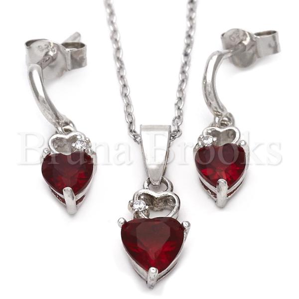 Bruna Brooks Sterling Silver 10.174.0111.18 Earring and Pendant Adult Set, Heart Design, with Garnet Cubic Zirconia, Polished Finish, Silver Tone