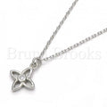 Sterling Silver Fancy Necklace, Flower Design, with Cubic Zirconia, Rhodium Tone