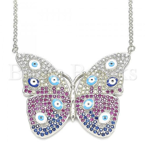 Bruna Brooks Sterling Silver 04.336.0215.16 Fancy Necklace, Butterfly and Greek Eye Design, with White Micro Pave, Multicolor Enamel Finish, Rhodium Tone