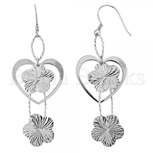 Bruna Brooks Sterling Silver 02.183.0020 Long Earring, Flower Design, Diamond Cutting Finish, Rhodium Tone