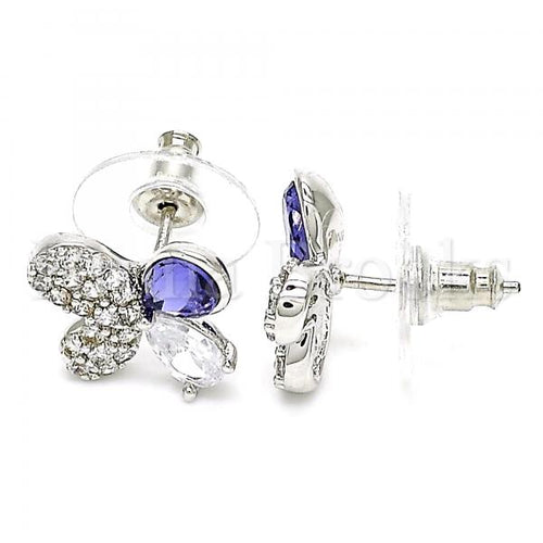 Rhodium Plated 02.26.0263 Stud Earring, Butterfly Design, with Tanzanite Swarovski Crystals and White Cubic Zirconia, Polished Finish, Rhodium Tone
