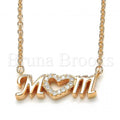 Sterling Silver Fancy Necklace, Mom and Heart Design, with Crystal, Golden Tone