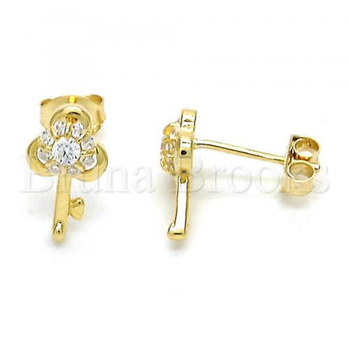 Bruna Brooks Sterling Silver 02.285.0062 Stud Earring, key Design, with White Cubic Zirconia, Polished Finish, Golden Tone