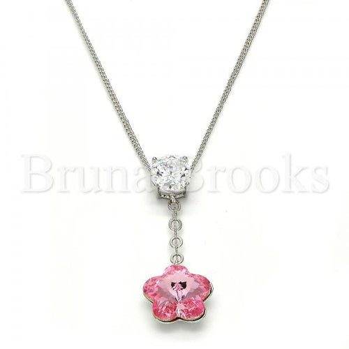 Rhodium Plated Fancy Necklace, Flower Design, with Swarovski Crystals and Cubic Zirconia, Rhodium Tone