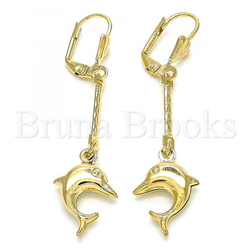 Gold Plated Gold Filled Oro Laminado Bruna Brooks Gold Layered 02.32.0548 Long Earring, Dolphin Design, with White Platina Swarovski Crystals, Polished Finish, Golden Tone