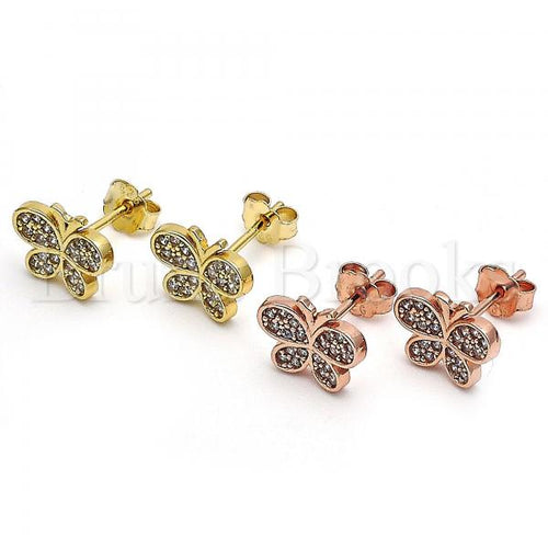 Sterling Silver Stud Earring, Butterfly Design, with Micro Pave, Golden Tone