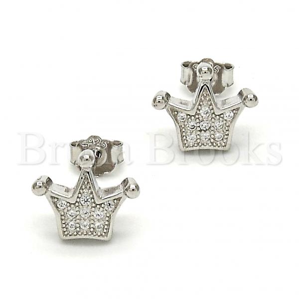 Sterling Silver 02.175.0054 Stud Earring, Crown Design, with White Micro Pave, Polished Finish, Rhodium Tone
