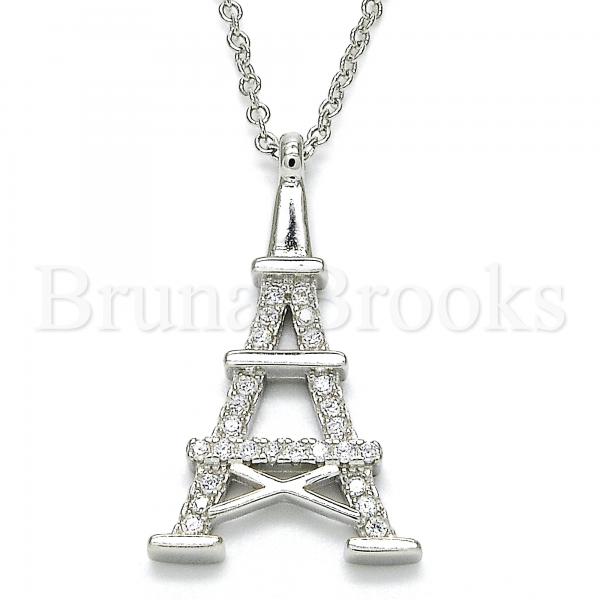 Sterling Silver Fancy Necklace, Eiffel Tower Design, with Crystal, Rhodium Tone