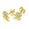 Sterling Silver Stud Earring, Flower Design, with Micro Pave, Golden Tone