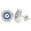 Sterling Silver Stud Earring, Greek Eye Design, with Crystal, Rhodium Tone