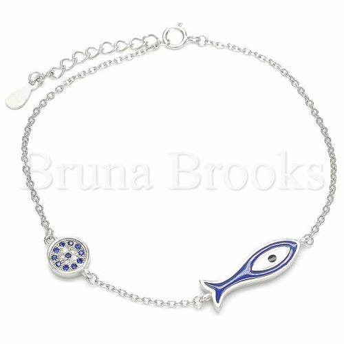 Bruna Brooks Sterling Silver 03.336.0078.07 Fancy Bracelet, Fish Design, with Sapphire Blue and White Micro Pave, Blue Enamel Finish, Rhodium Tone