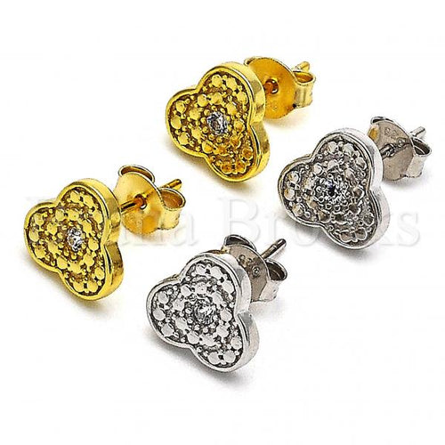 Sterling Silver Stud Earring, with Cubic Zirconia, Golden Tone