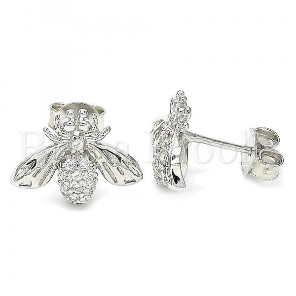 Sterling Silver Stud Earring, Bee Design, with Cubic Zirconia, Rhodium Tone