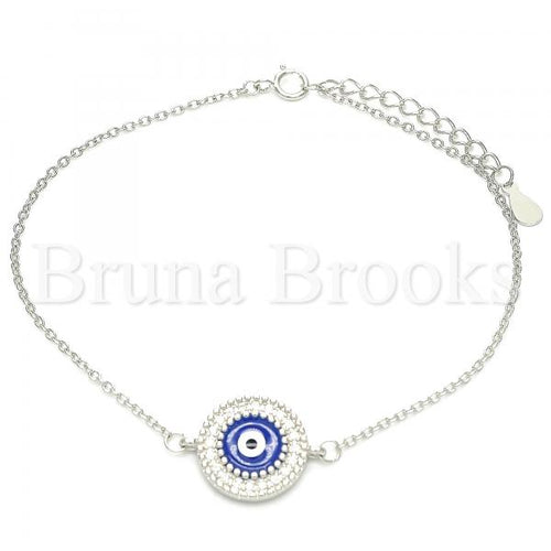 Bruna Brooks Sterling Silver 03.336.0075.08 Fancy Bracelet, Greek Eye Design, with White Cubic Zirconia, Blue Enamel Finish, Rhodium Tone