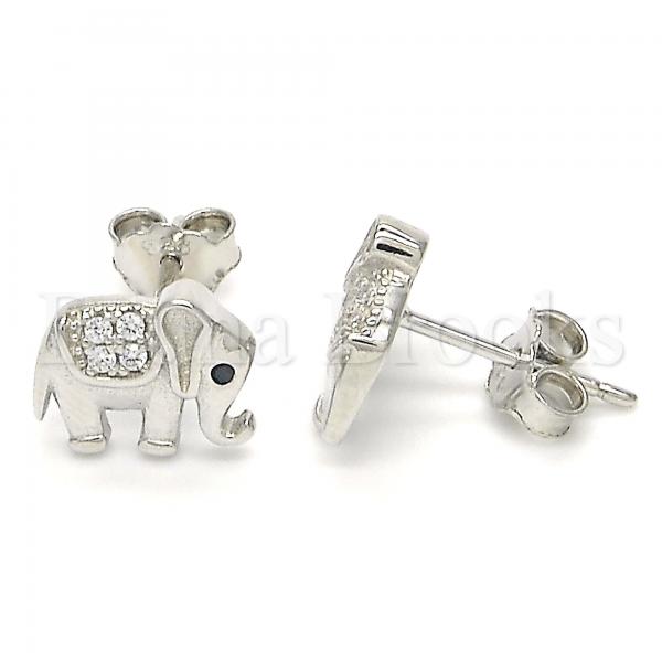 Sterling Silver Stud Earring, Elephant Design, with Cubic Zirconia and Crystal, Rhodium Tone
