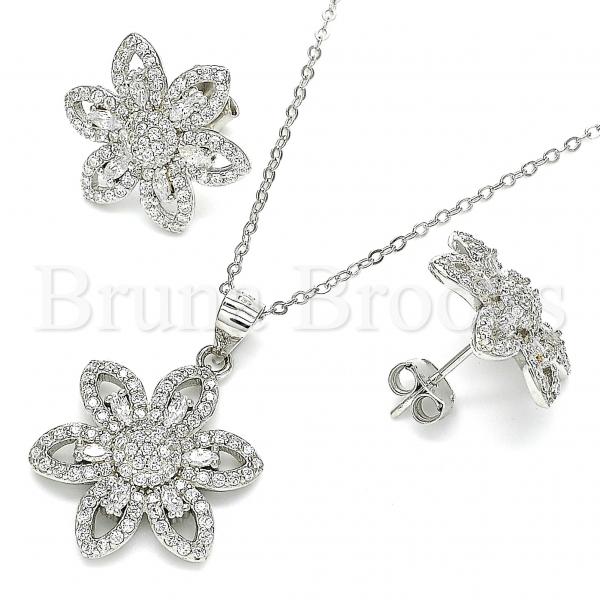 Sterling Silver 10.286.0039 Earring and Pendant Adult Set, Flower Design, with White Cubic Zirconia, Polished Finish, Rhodium Tone