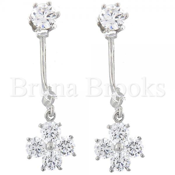 Bruna Brooks Sterling Silver 02.176.0015 Long Earring, Flower Design, with White Cubic Zirconia, Polished Finish, Rhodium Tone