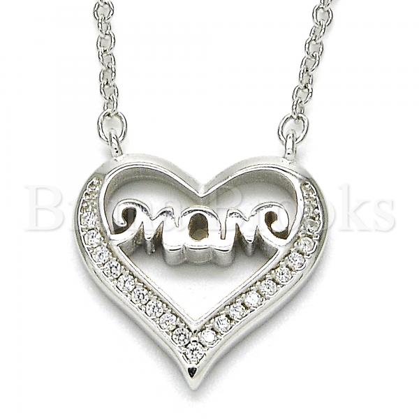 Sterling Silver Fancy Necklace, Heart and Mom Design, with Crystal, Rhodium Tone