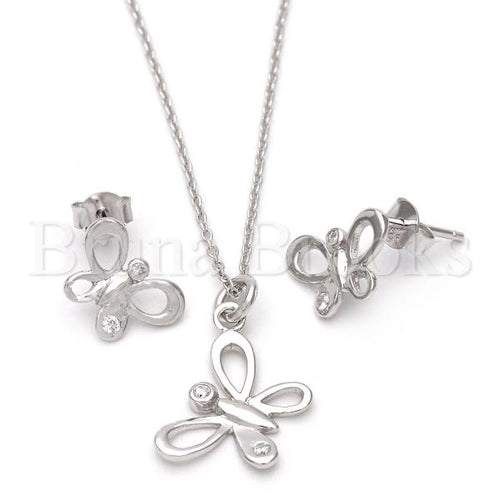 Bruna Brooks Sterling Silver 10.174.0081.18 Earring and Pendant Adult Set, Butterfly Design, with White Crystal, Polished Finish, Rhodium Tone