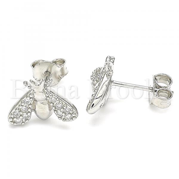 Sterling Silver Stud Earring, Bee Design, with Cubic Zirconia, Rhodium Tone