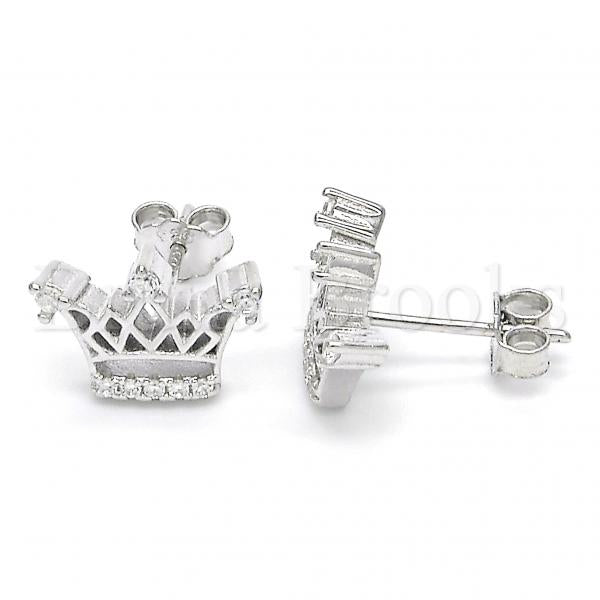 Sterling Silver Stud Earring, Crown Design, with Cubic Zirconia and Crystal, Rhodium Tone