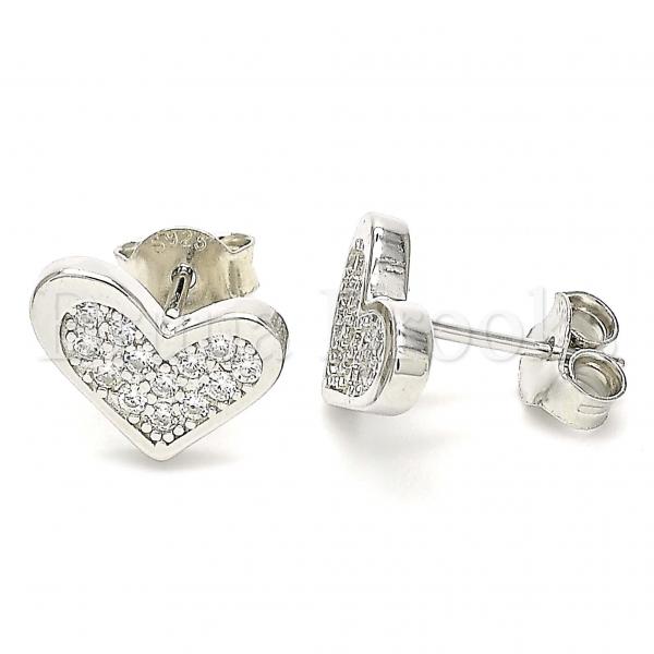 Sterling Silver Stud Earring, Heart Design, with Cubic Zirconia, Rhodium Tone
