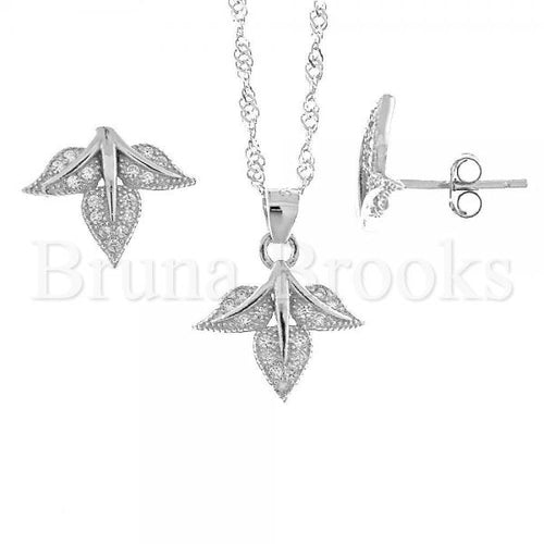 Bruna Brooks Sterling Silver 10.174.0049 Earring and Pendant Adult Set, Leaf Design, with White Micro Pave, Rhodium Tone