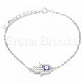 Bruna Brooks Sterling Silver 03.336.0090.07 Fancy Bracelet, Hand of God and Greek Eye Design, with White Crystal, Blue Enamel Finish, Rhodium Tone