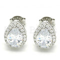 Sterling Silver Stud Earring, Teardrop Design, with Cubic Zirconia and Crystal, Rhodium Tone