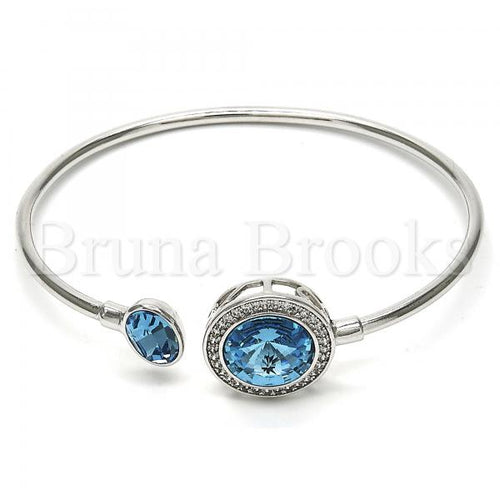 Rhodium Plated 07.26.0003 Individual Bangle, with Aquamarine Swarovski Crystals and White Micro Pave, Polished Finish, Rhodium Tone (02 MM Thickness, One size fits all)
