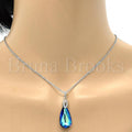 Rhodium Plated 04.239.0026.16 Fancy Necklace, Teardrop and Rolo Design, with Bermuda Blue Swarovski Crystals and White Micro Pave, Polished Finish, Rhodium Tone