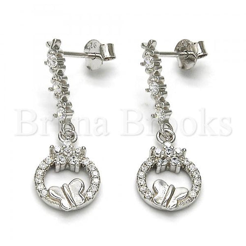 Bruna Brooks Sterling Silver 02.175.0129 Dangle Earring, Flower and Butterfly Design, with White Cubic Zirconia and White Crystal, Polished Finish, Rhodium Tone