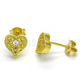 Sterling Silver Stud Earring, Heart Design, with Cubic Zirconia, Golden Tone