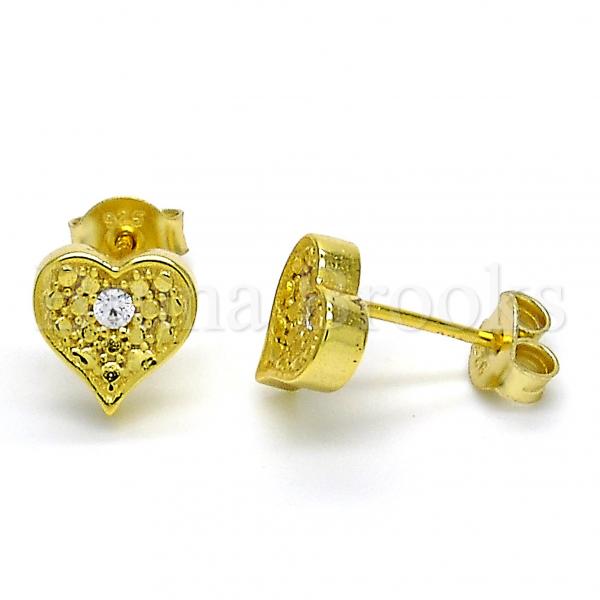 Sterling Silver Stud Earring, Heart Design, with Cubic Zirconia, Golden Tone