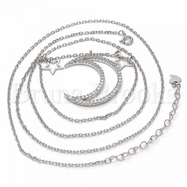 Sterling Silver 04.367.0002.26 Fancy Necklace, Moon and Star Design, with White Cubic Zirconia, Polished Finish, Rhodium Tone