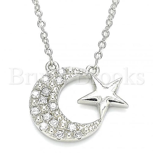 Bruna Brooks Sterling Silver 04.336.0179.16 Fancy Necklace, Moon and Star Design, with White Crystal, Polished Finish, Rhodium Tone