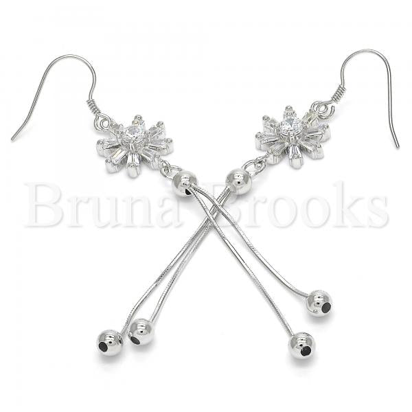 Sterling Silver 02.183.0025 Long Earring, Flower Design, with White Cubic Zirconia, Polished Finish, Rhodium Tone