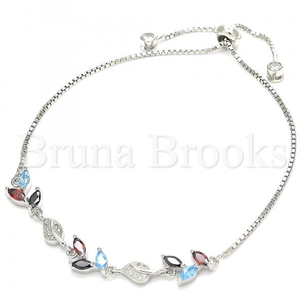 Sterling Silver 03.175.0005.11 Fancy Bracelet, Leaf Design, with Multicolor Cubic Zirconia and White Micro Pave, Polished Finish, Rhodium Tone
