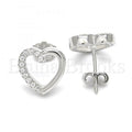 Sterling Silver Stud Earring, Heart Design, with Crystal, Rhodium Tone