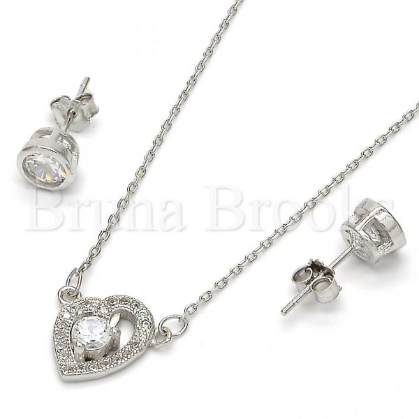 Sterling Silver 10.186.0001 Necklace and Earring, Heart Design, with White Micro Pave and White Cubic Zirconia, Polished Finish, Rhodium Tone